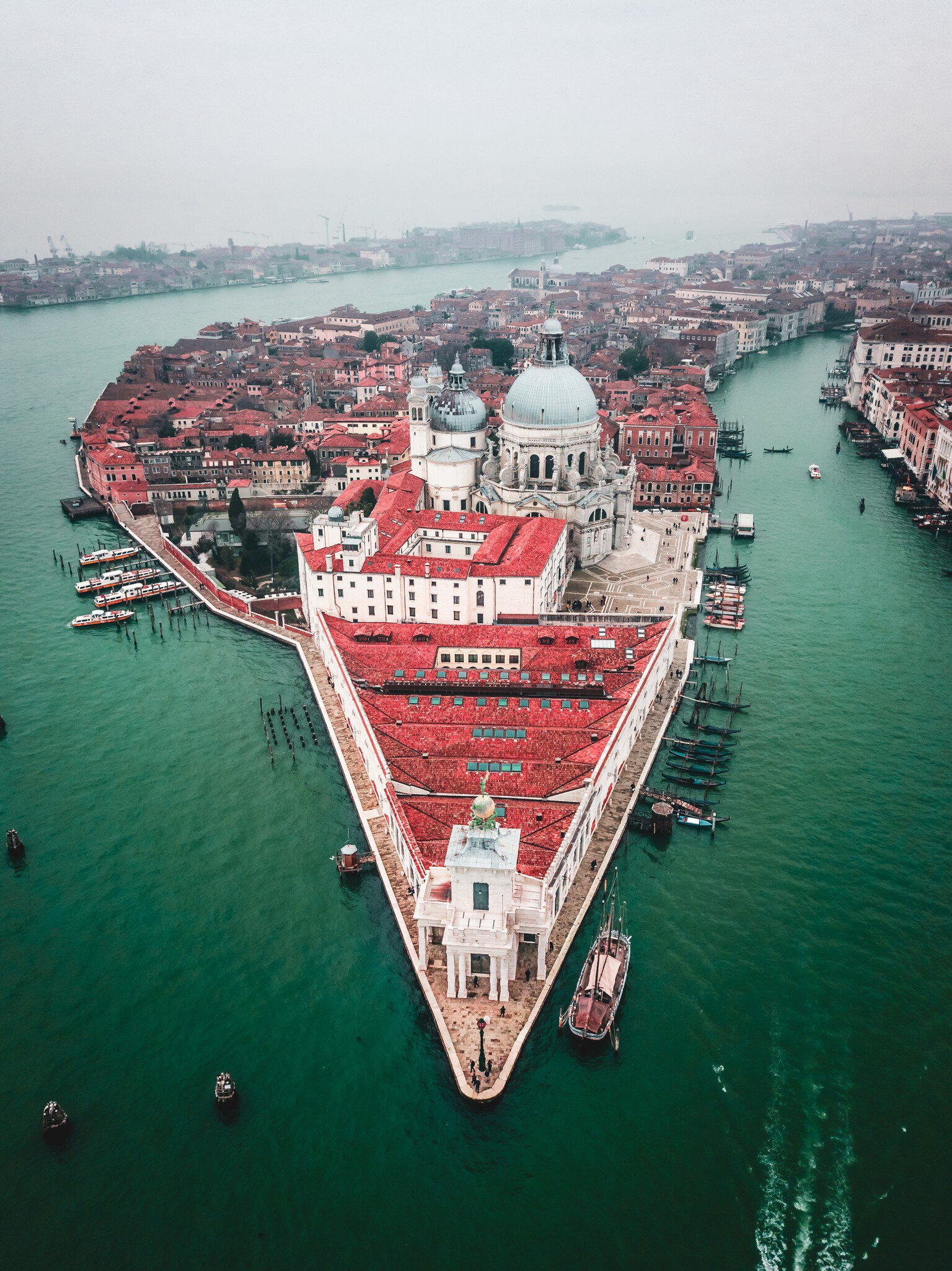 Aerial view of the Punta della Dogana, a museum in Venice, Italy.