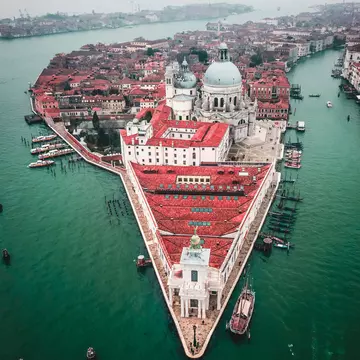 Aerial view of the Punta della Dogana, a museum in Venice, Italy.