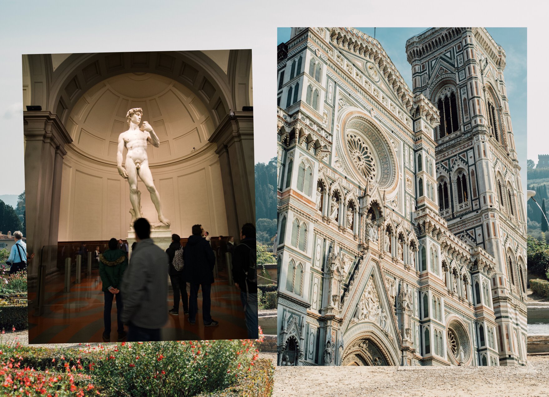Left: Michelangelo's David statue; Right: Cathedral of Santa Maria del Fiore