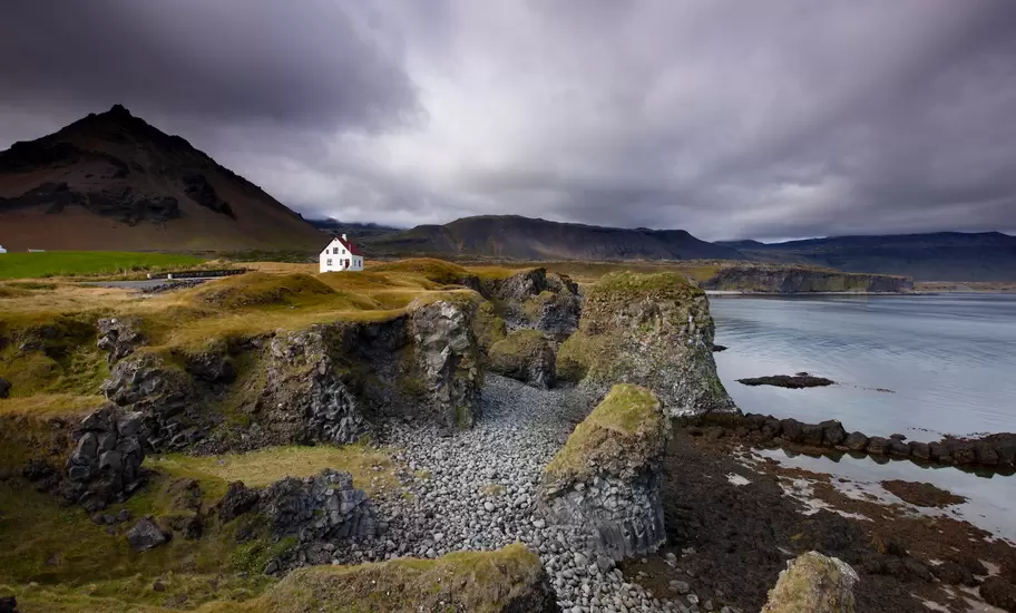 White house in hamlet of Arnastapi on Snaefellsness Peninsula