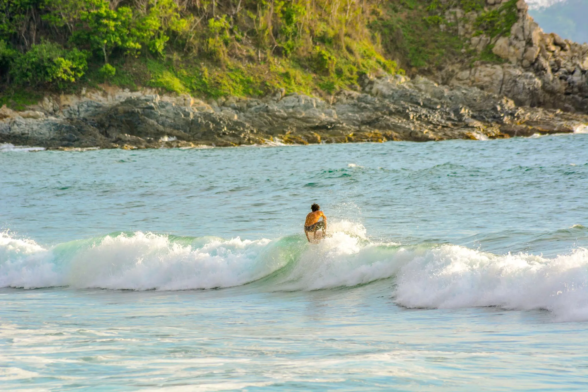 A man surfs a small rolling wave with a rocky coast in the background