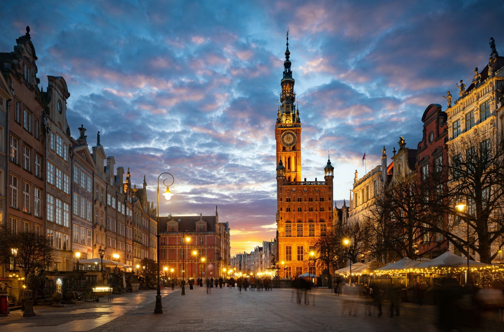Street in an Old town and Town Hall in Gdansk, Poland. Panoramic evening view, long exposure, timelapse.  Historical city of Gdansk (Danzig) , Poland, Europe., License Type: media, Download Time: 2025-12-17T22:23:04.000Z, User: dorota_littlerobindesign, Editorial: false, purchase_order: 56530 - Guidebooks, job: Global Publishing WIP, client: Pocket Poland 11, other: Dorota Michalec