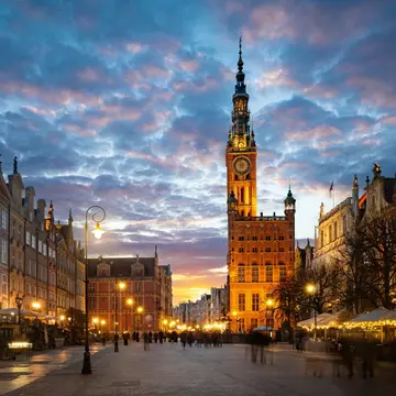 Street in an Old town and Town Hall in Gdansk, Poland. Panoramic evening view, long exposure, timelapse.  Historical city of Gdansk (Danzig) , Poland, Europe., License Type: media, Download Time: 2025-12-17T22:23:04.000Z, User: dorota_littlerobindesign, Editorial: false, purchase_order: 56530 - Guidebooks, job: Global Publishing WIP, client: Pocket Poland 11, other: Dorota Michalec