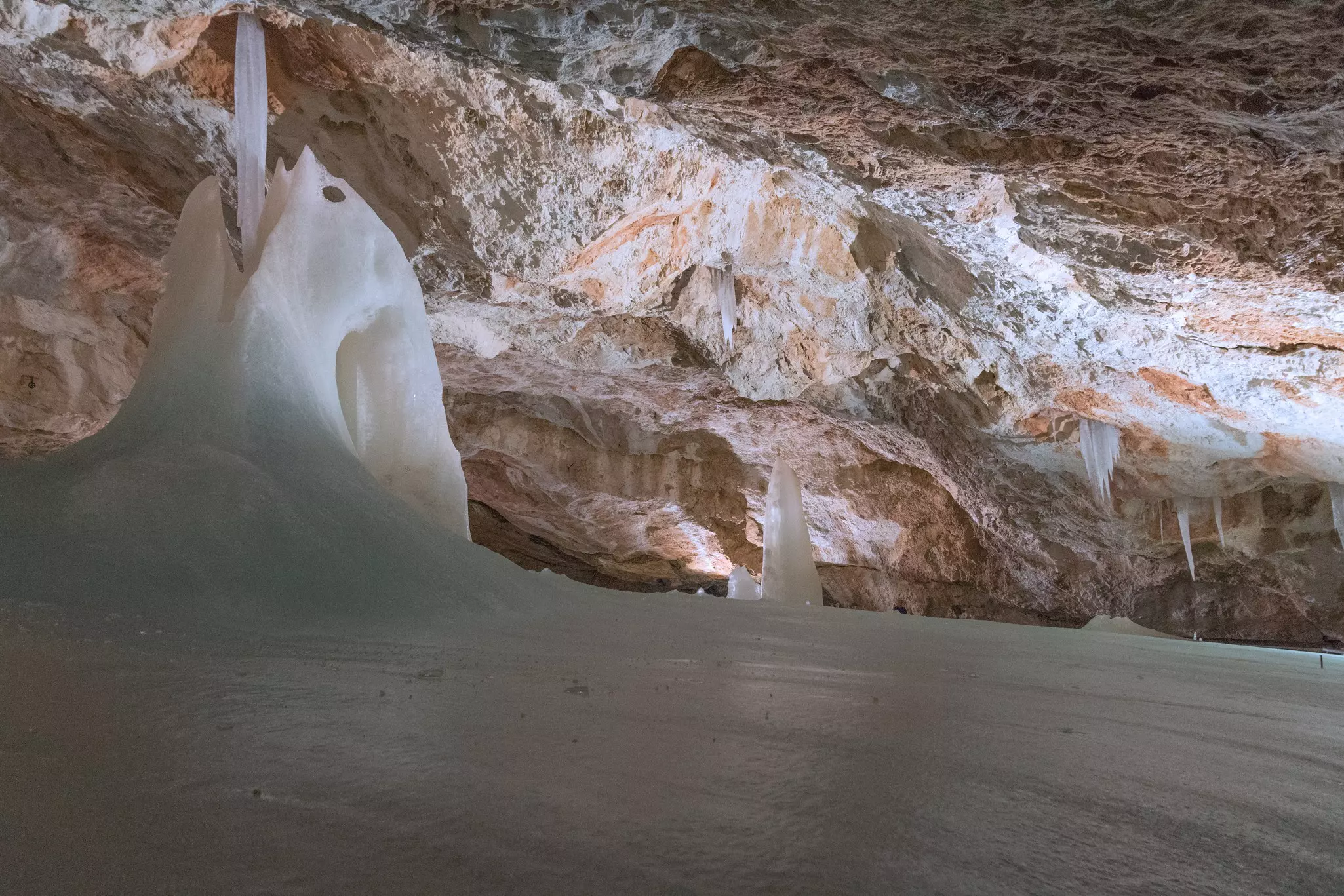 Rock and ice formations inside a cave in Slovakia.
