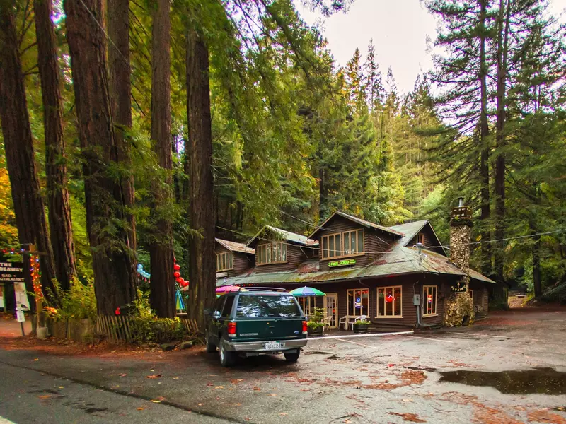 Visitor center in the town of Guerneville surrounded by redwoods.