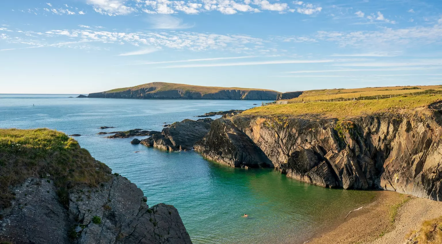 A landscape view of  the coast of  cardigan  bay with the island in the distance  in West Wales
