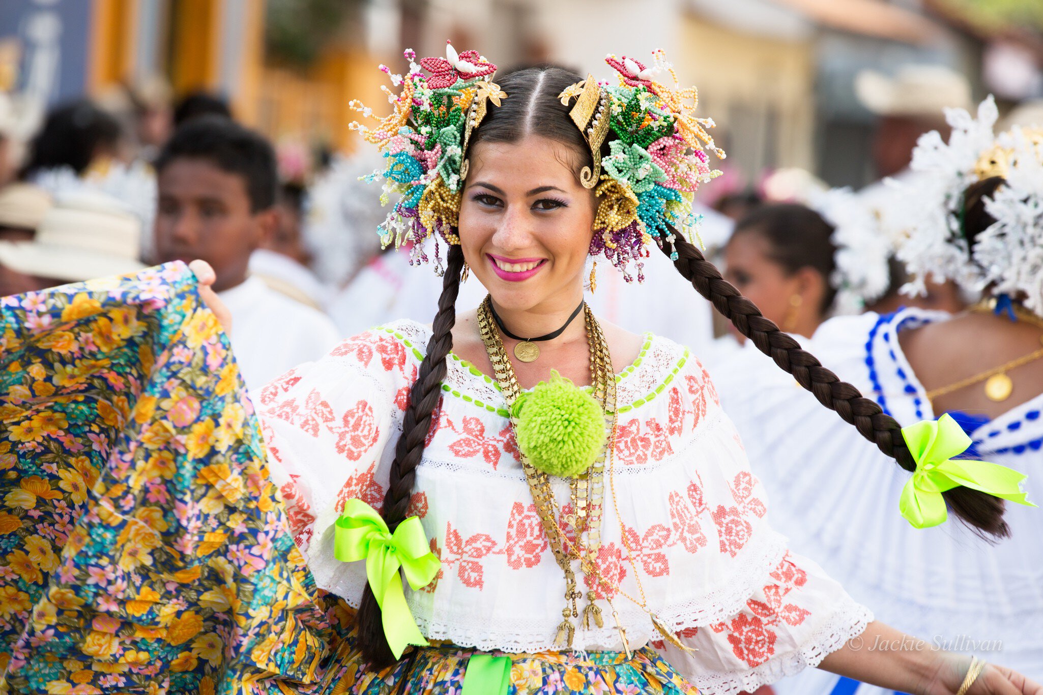 A young woman participating in the 1000 Polleras Parade, Las Tablas, Panama.