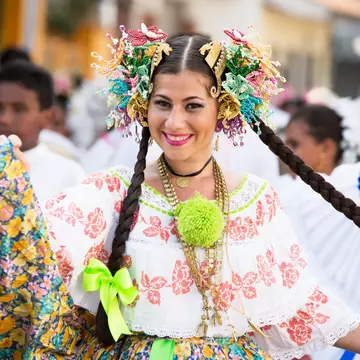 A young woman participating in the 1000 Polleras Parade, Las Tablas, Panama.