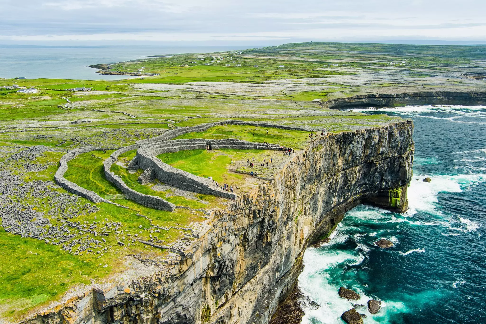 Aerial view of a prehistoric stone fort in the Aran Islands.