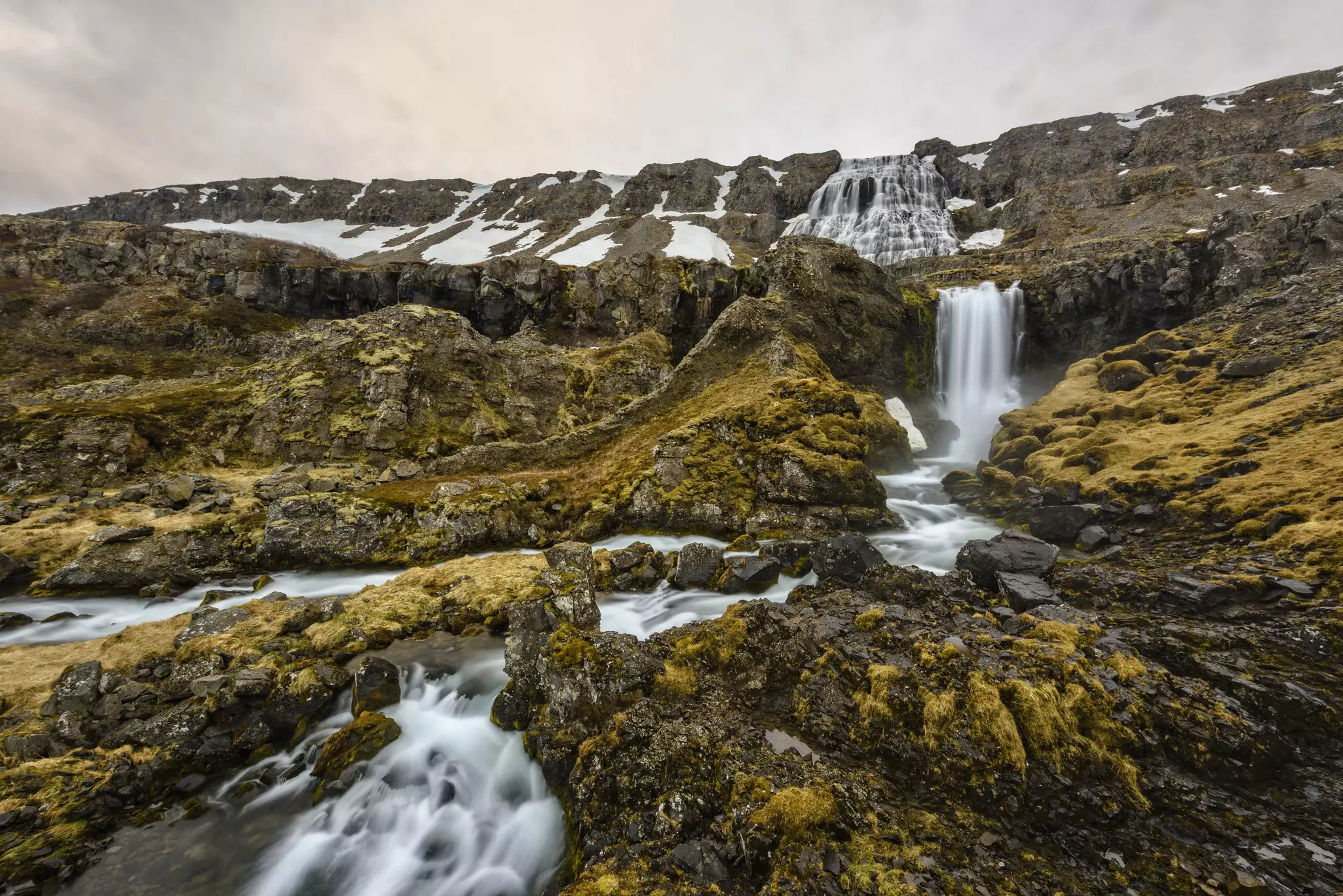 wide view of Dynjandi waterfall, Westfjords, Iceland