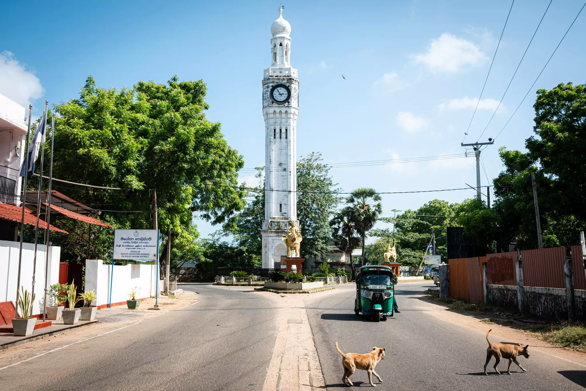 A small green three-wheeled vehicle travels through a town near a tall white clock tower. Two dogs cross the street.