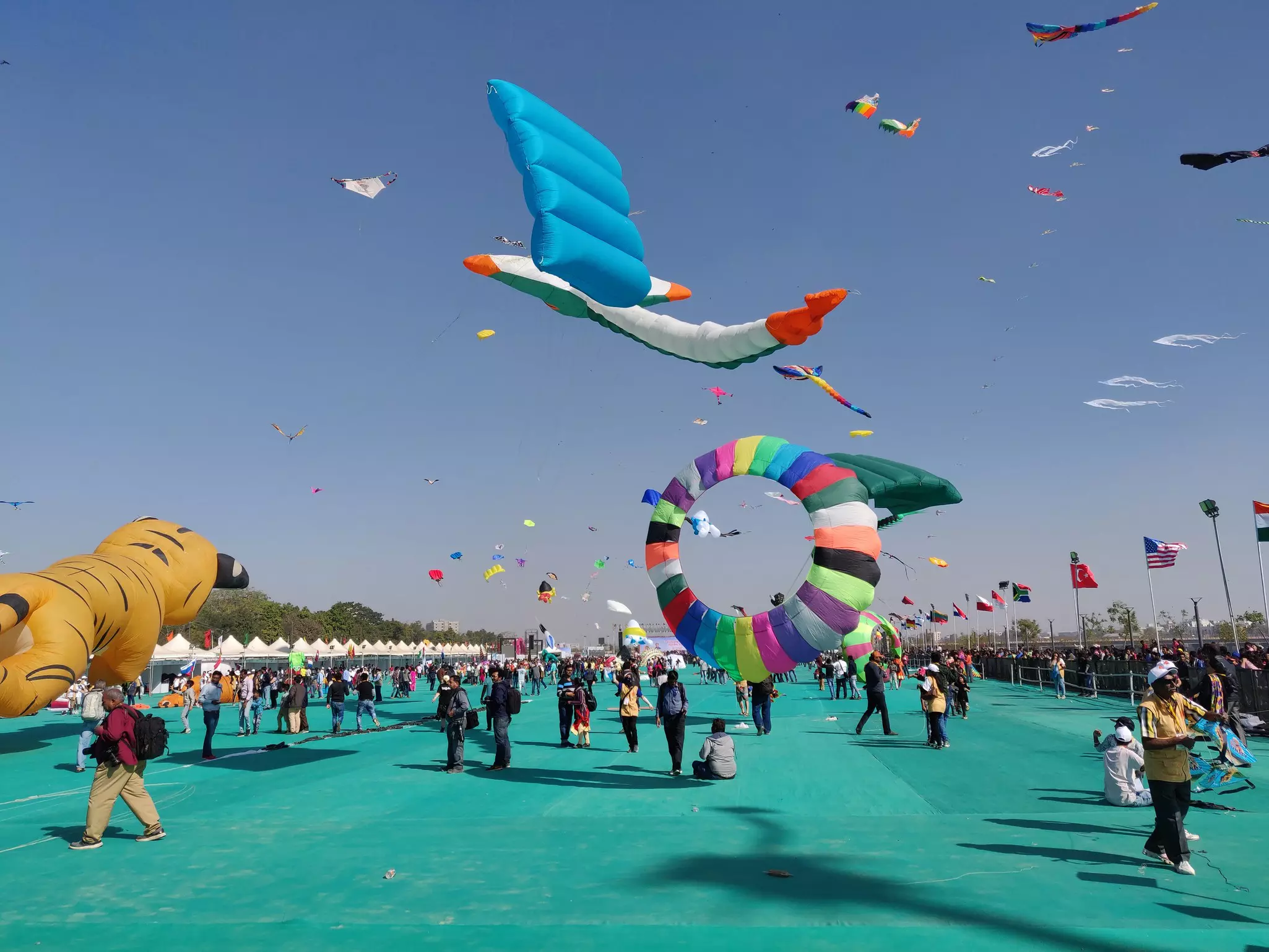 A view of colorful kites in the sky at the Kite Festival in Ahmedabad, Gujarat, India.