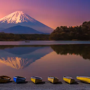 Mt Fuji with tranquil lake in foregournd.