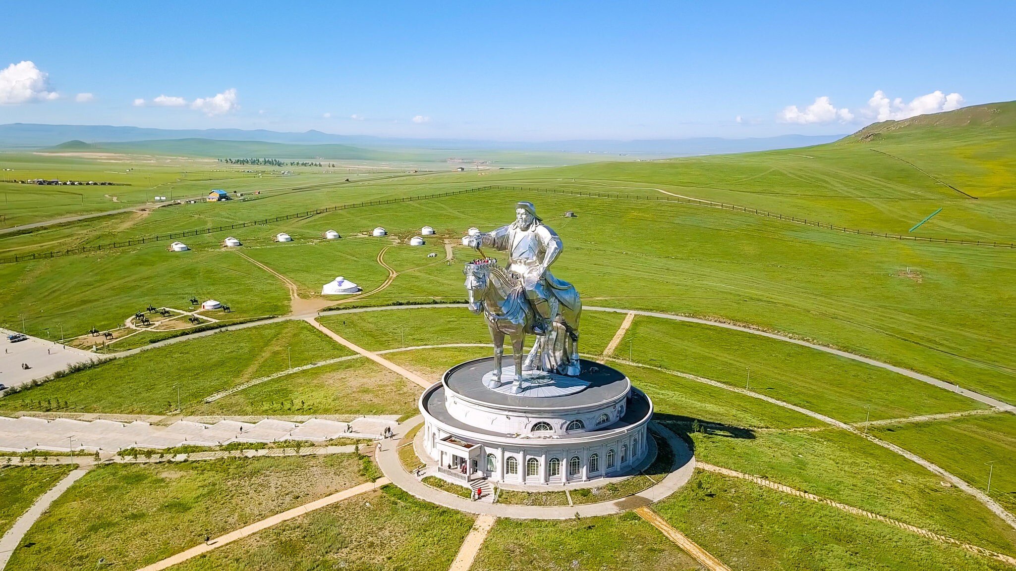 Aerial of the Equestrian statue of Genghis Khan in sunny weather.