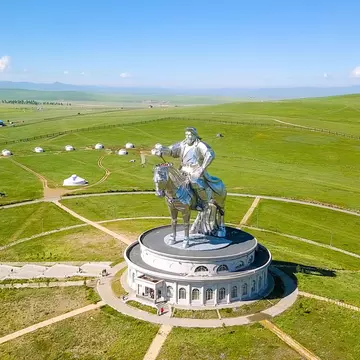 Aerial of the Equestrian statue of Genghis Khan in sunny weather.
