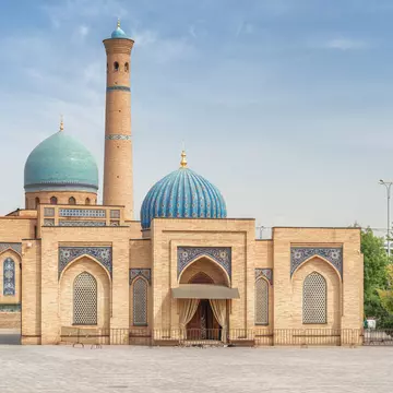 View of Hazrati Imam Mosque and Muyi Muborak Madrasah (Moyie Mubarek Library Museum) in Tashkent, Uzbekistan. The Hazrati Imam architectural complex is a popular tourist attraction of Central Asia.; Shutterstock ID 2291597755;