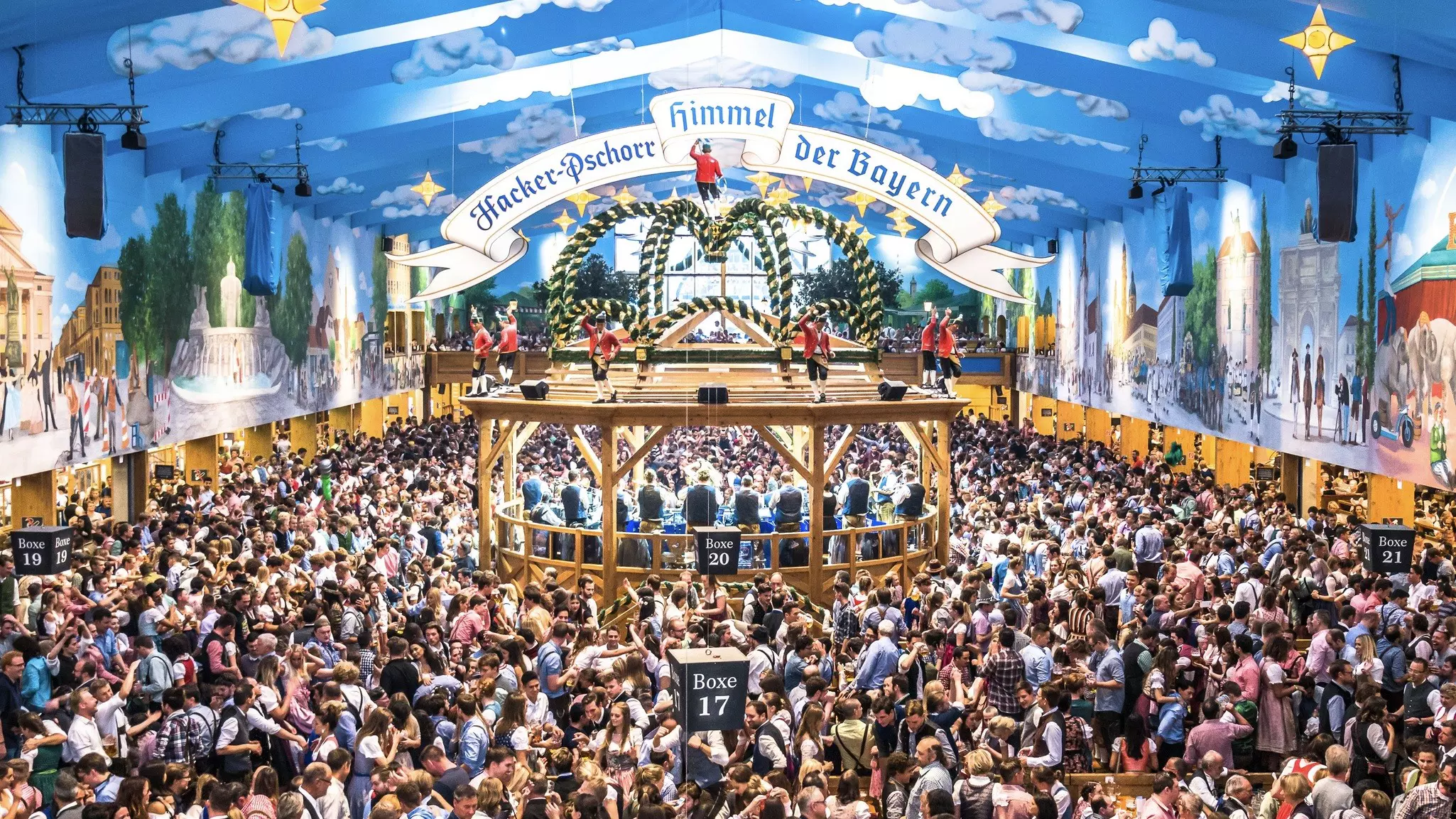 Crowds at the Hacker-Pschorr beer tent at Oktoberfest, Munich.