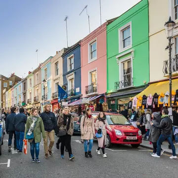 A view of Portobello Road Market in London, UK.