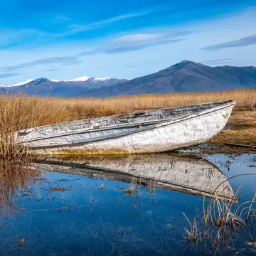 A weathered white wooden boat resting among tall golden reeds at a lake edge, mirrored in still blue water, with snow-streaked mountains beyond.