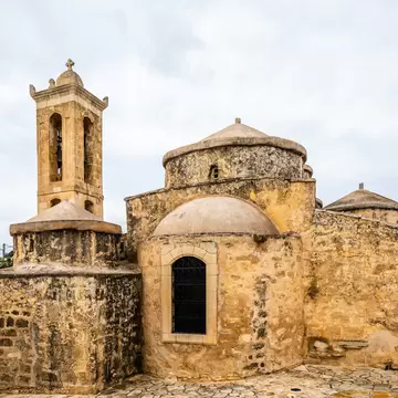 Agia Paraskevi old stone with domes and bell tower Byzantine Church in Geroskipou village, Cyprus