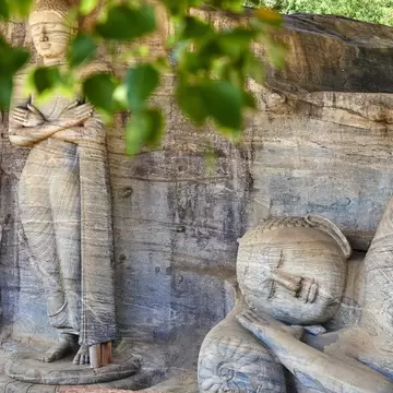 Monumental Buddha statues viewed through leaves.