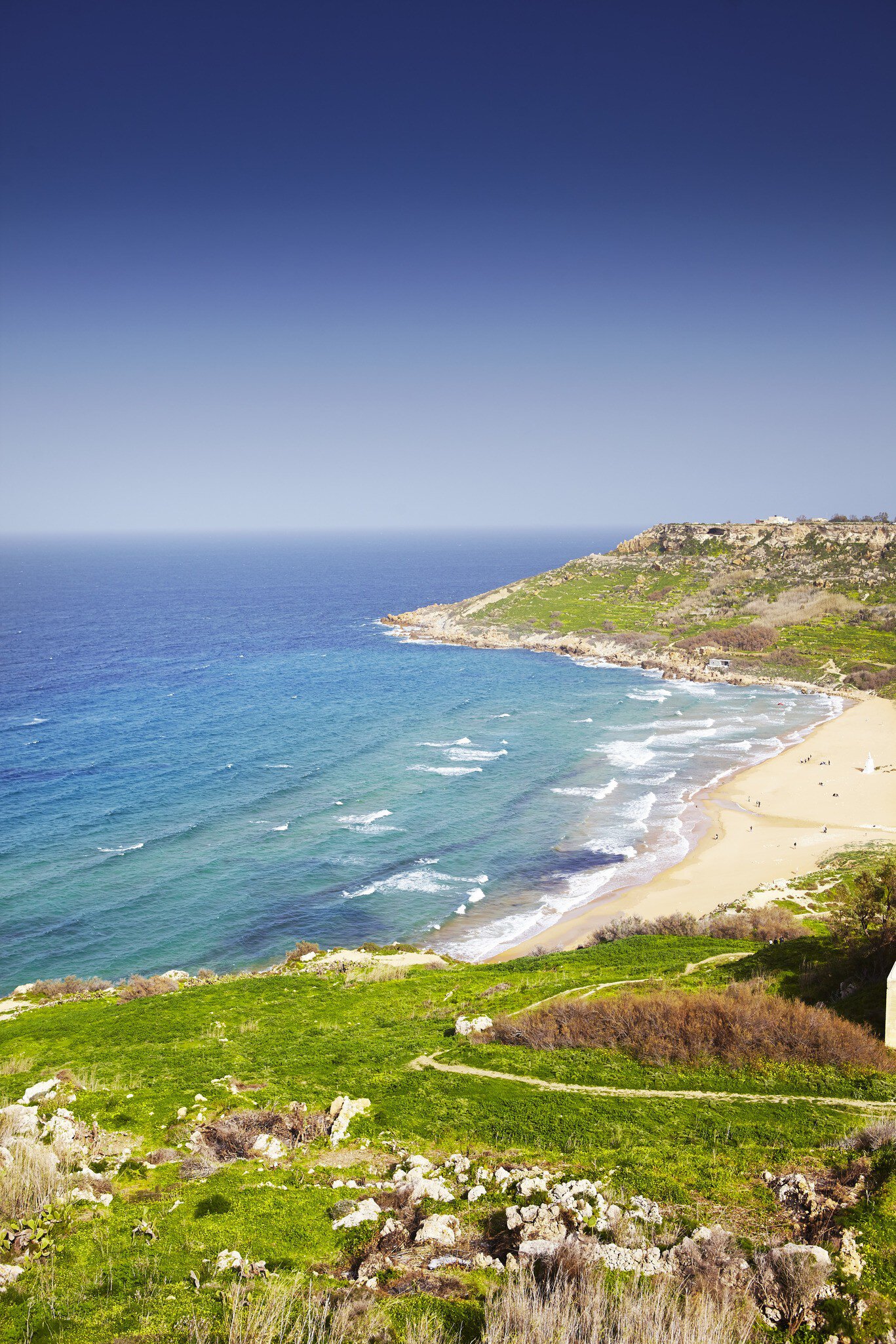 Aerial view of Ramla Bay,  the largest sandy beach on the island of Gozo, Malta.