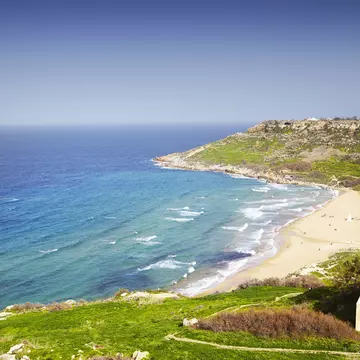 Aerial view of Ramla Bay,  the largest sandy beach on the island of Gozo, Malta.