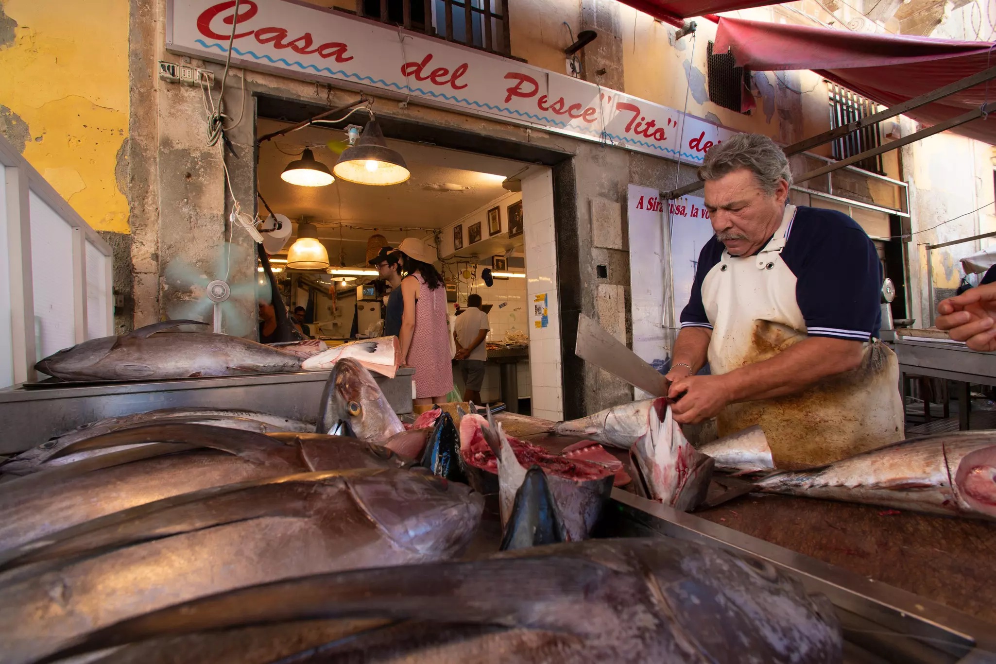 A fish stall in the market in Ortygia, Syracuse, Sicily.