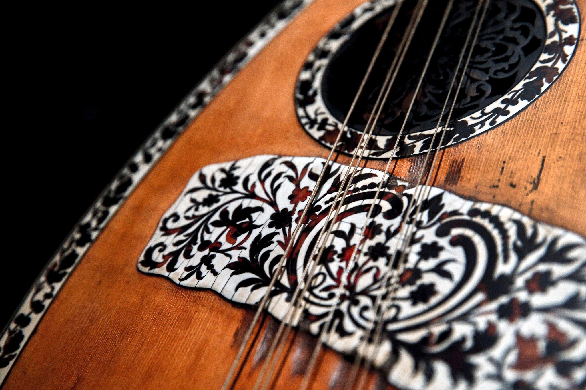 2E6AXR9 Detail of a 19th century laghouto, or lute, inlaid with ivory and tortoise shell, displayed at the Museum of Greek Folk Musical Instruments (MELMOKE) in Athens February 15, 2015. Tucked away in a corner of Athens' historic Plaka district i...