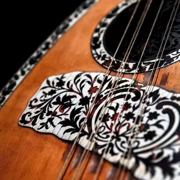 2E6AXR9 Detail of a 19th century laghouto, or lute, inlaid with ivory and tortoise shell, displayed at the Museum of Greek Folk Musical Instruments (MELMOKE) in Athens February 15, 2015. Tucked away in a corner of Athens' historic Plaka district i...