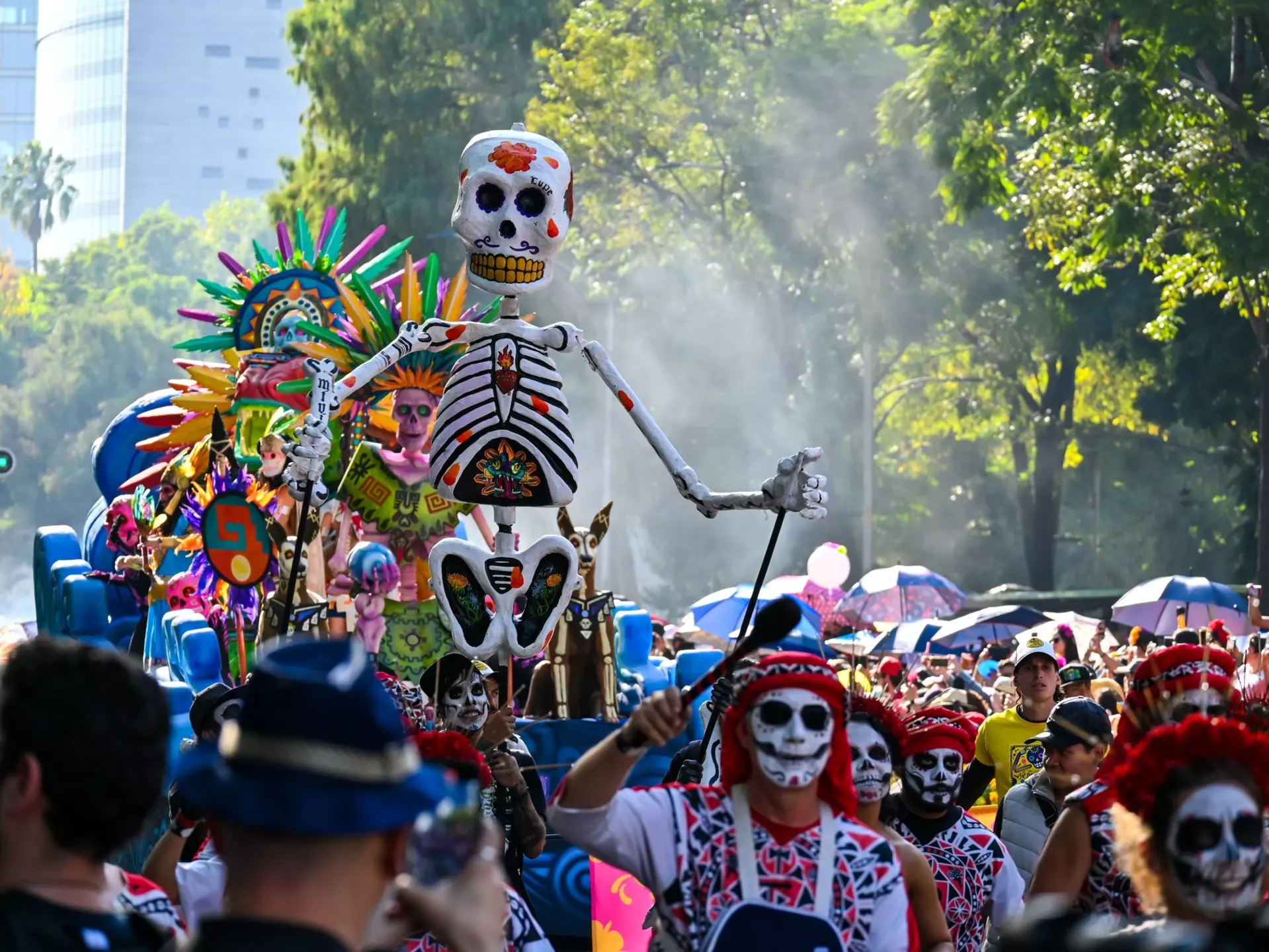 A parade of skeletons for Día de Muertos in Mexico City. 