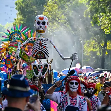 A parade of skeletons for Día de Muertos in Mexico City. 