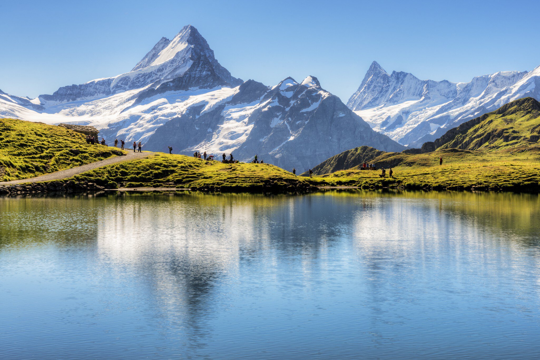 Bachalp lake with Schreckhorn and Finsteraarhorn