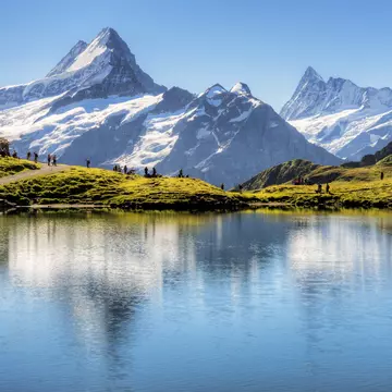 Bachalp lake with Schreckhorn and Finsteraarhorn