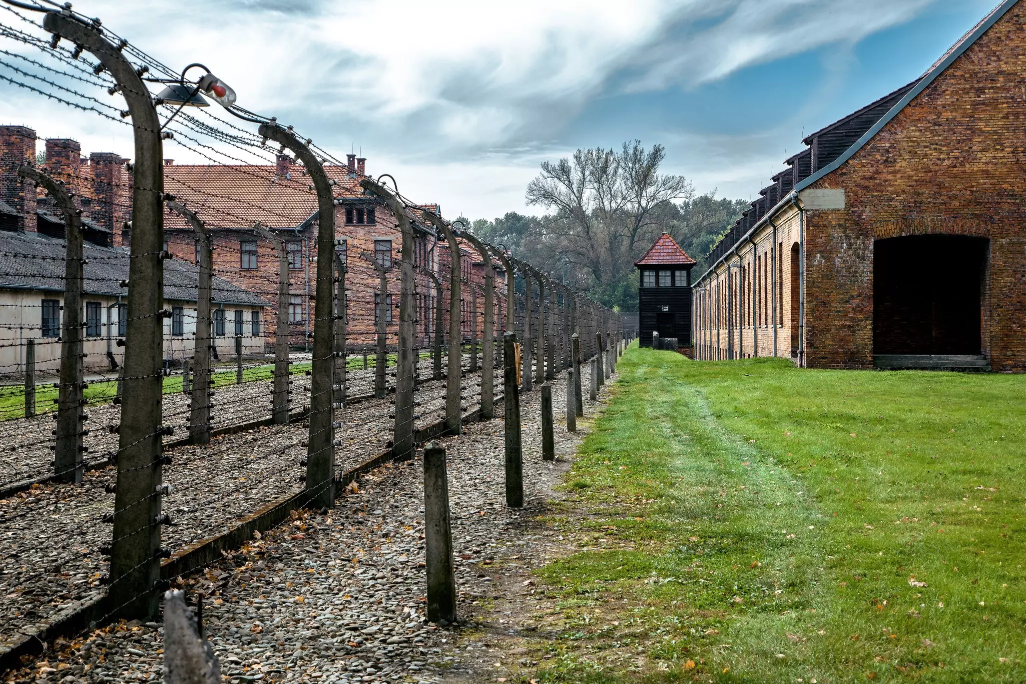 Electric fence courtyard, Auschwitz Birkenau Concentration Camp Poland