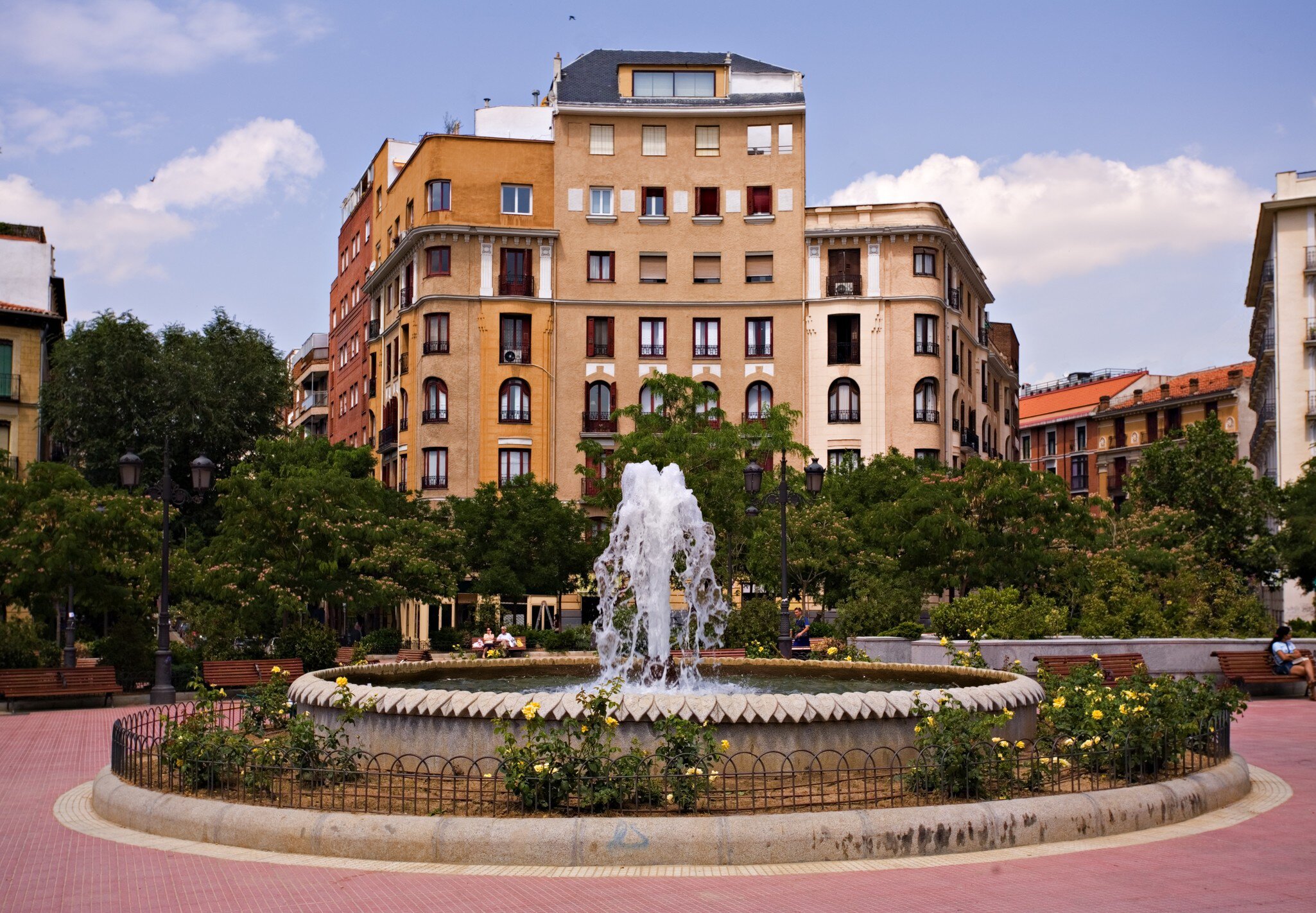 View of a fountain in the Plaza de Olavide in the Chamberi district of Madrid, Spain.