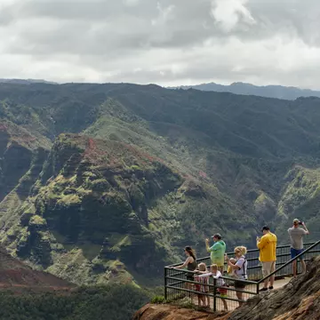 People look and take pictures of a large green canyon in Hawaiʻi.