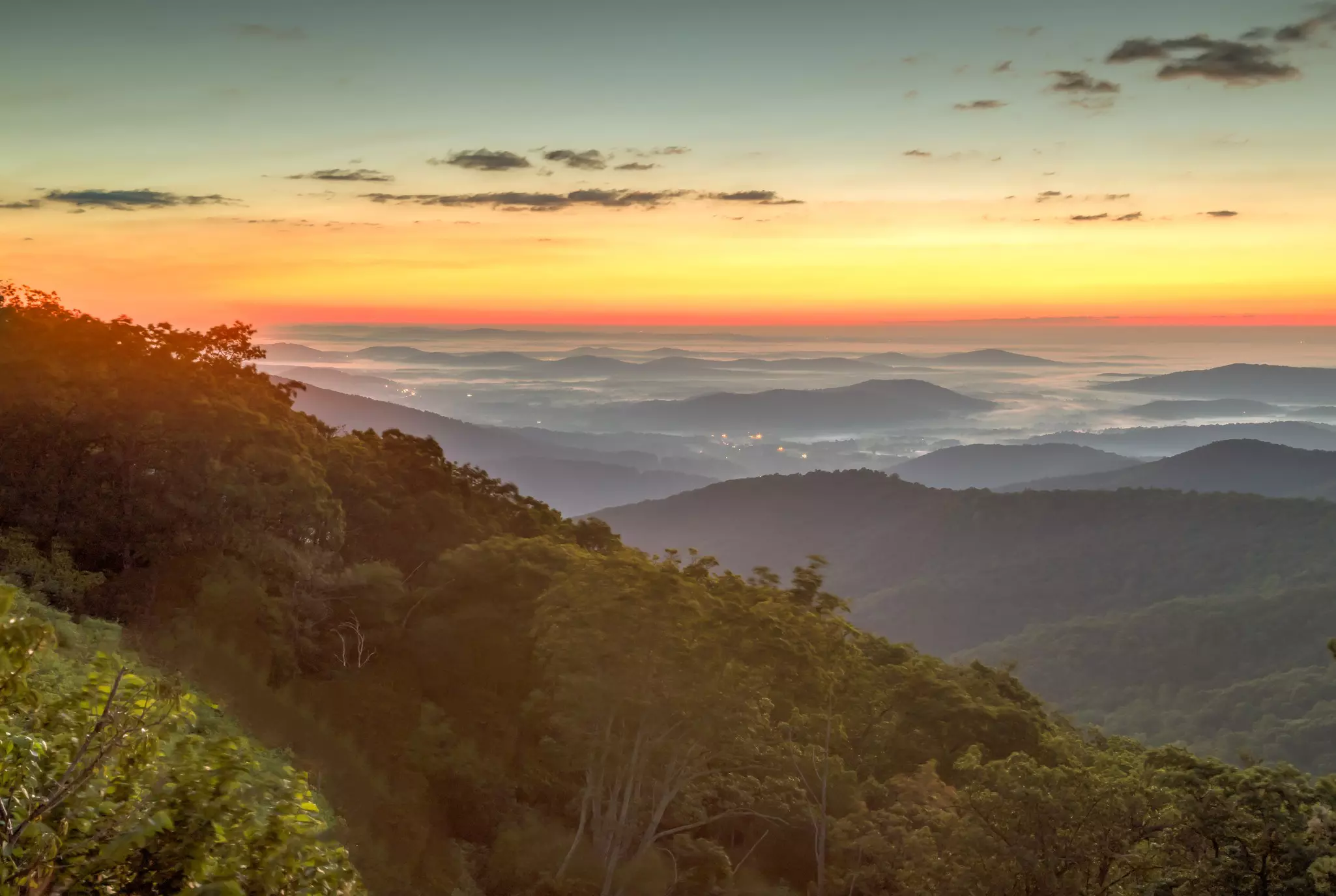 The Blue Ridge Mountains at twilight, as seen from Skyline Drive in Shenandoah National Park.