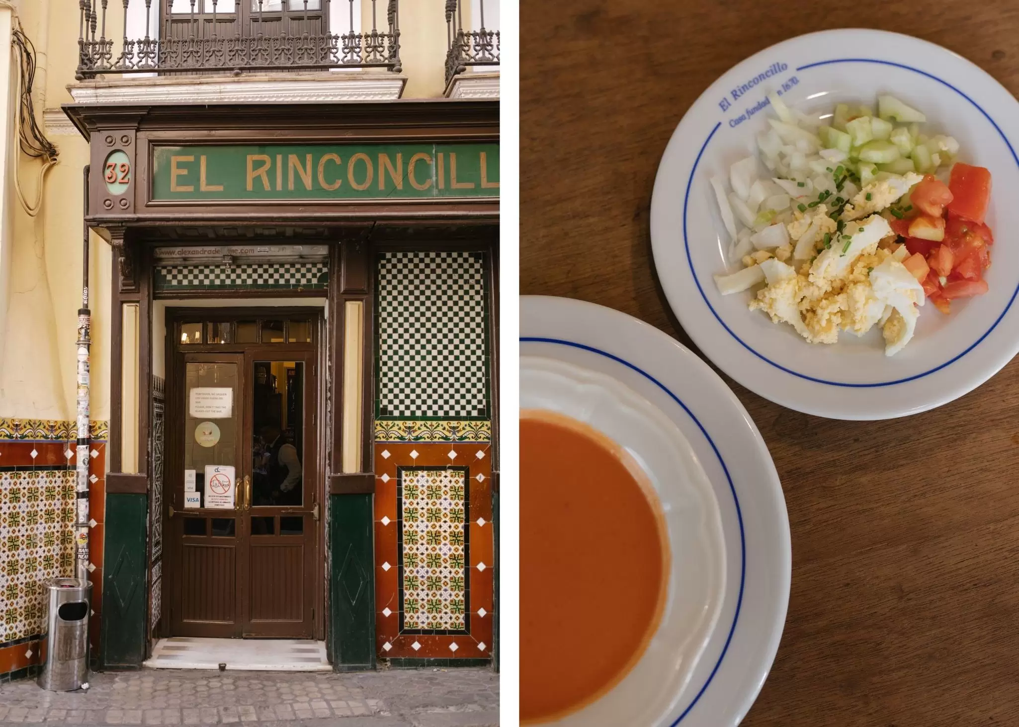 Left: The doorway to El Rinconcillo, Seville. Right: Gazpacho soup with a side of toppings.