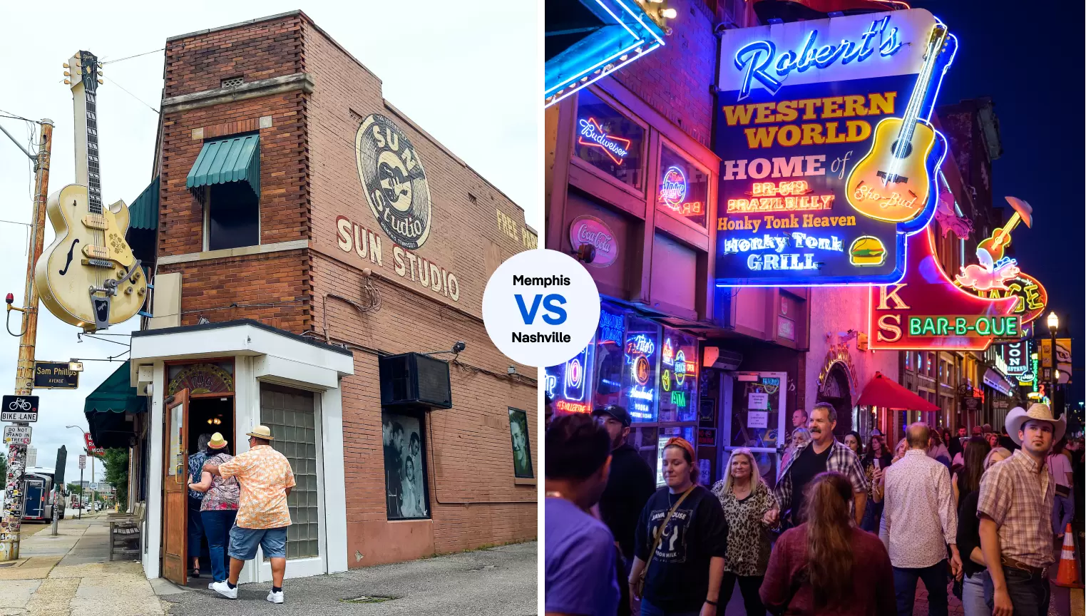 The music never stops at Sun Studio in Memphis or along Nashville’s Broadway. Left,Washington Post/Getty Images; Right, Jewel Samad/Getty Images