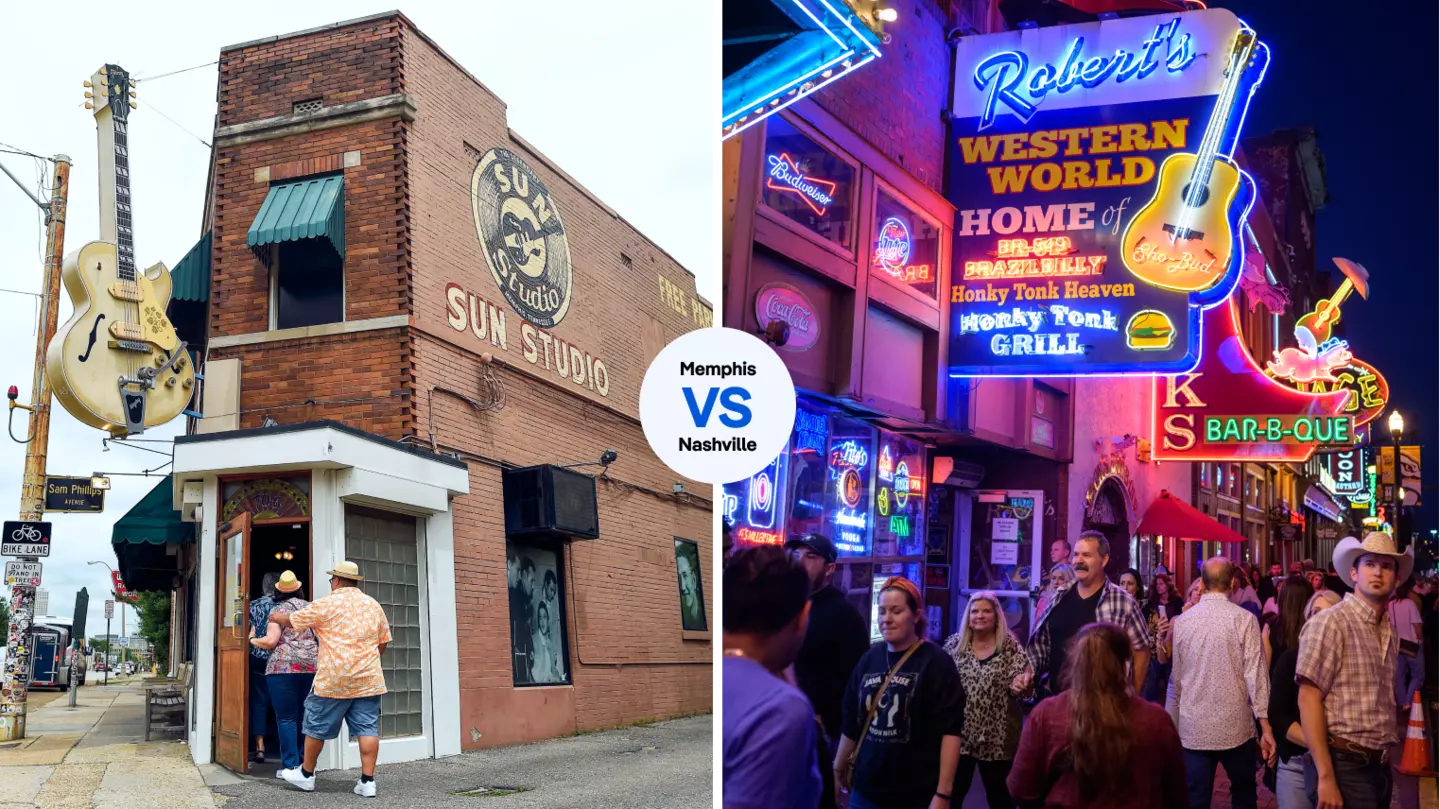 The music never stops at Sun Studio in Memphis or along Nashville’s Broadway. Left,Washington Post/Getty Images; Right, Jewel Samad/Getty Images