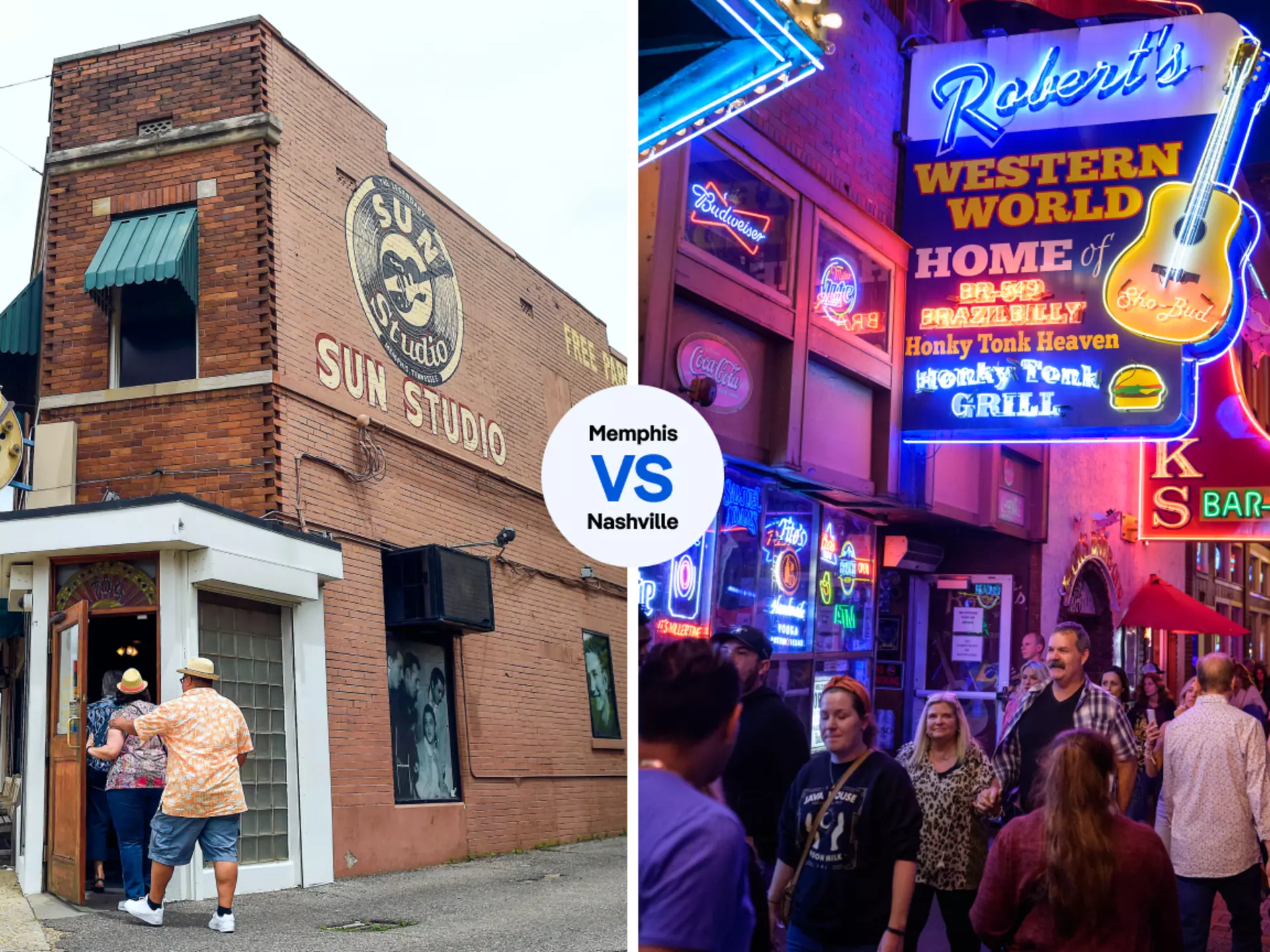 The music never stops at Sun Studio in Memphis or along Nashville’s Broadway. Left,Washington Post/Getty Images; Right, Jewel Samad/Getty Images