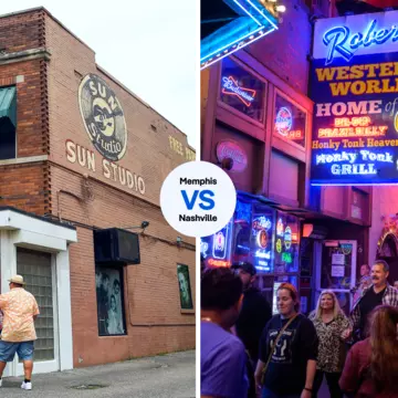 The music never stops at Sun Studio in Memphis or along Nashville’s Broadway. Left,Washington Post/Getty Images; Right, Jewel Samad/Getty Images