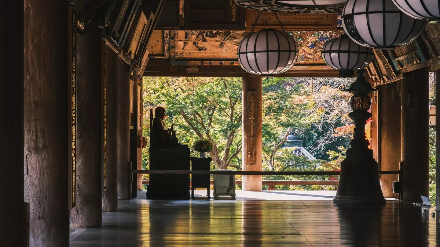 NARA, JAPAN - November 5, 2021 A historic temple in Nara with beautiful autumn foliage, A nostalgic space with a Buddha statue standing in the back, Hasedera Temple, License Type: media, Download Time: 2025-02-20T21:52:43.000Z, User: katelyn.perry_lone...