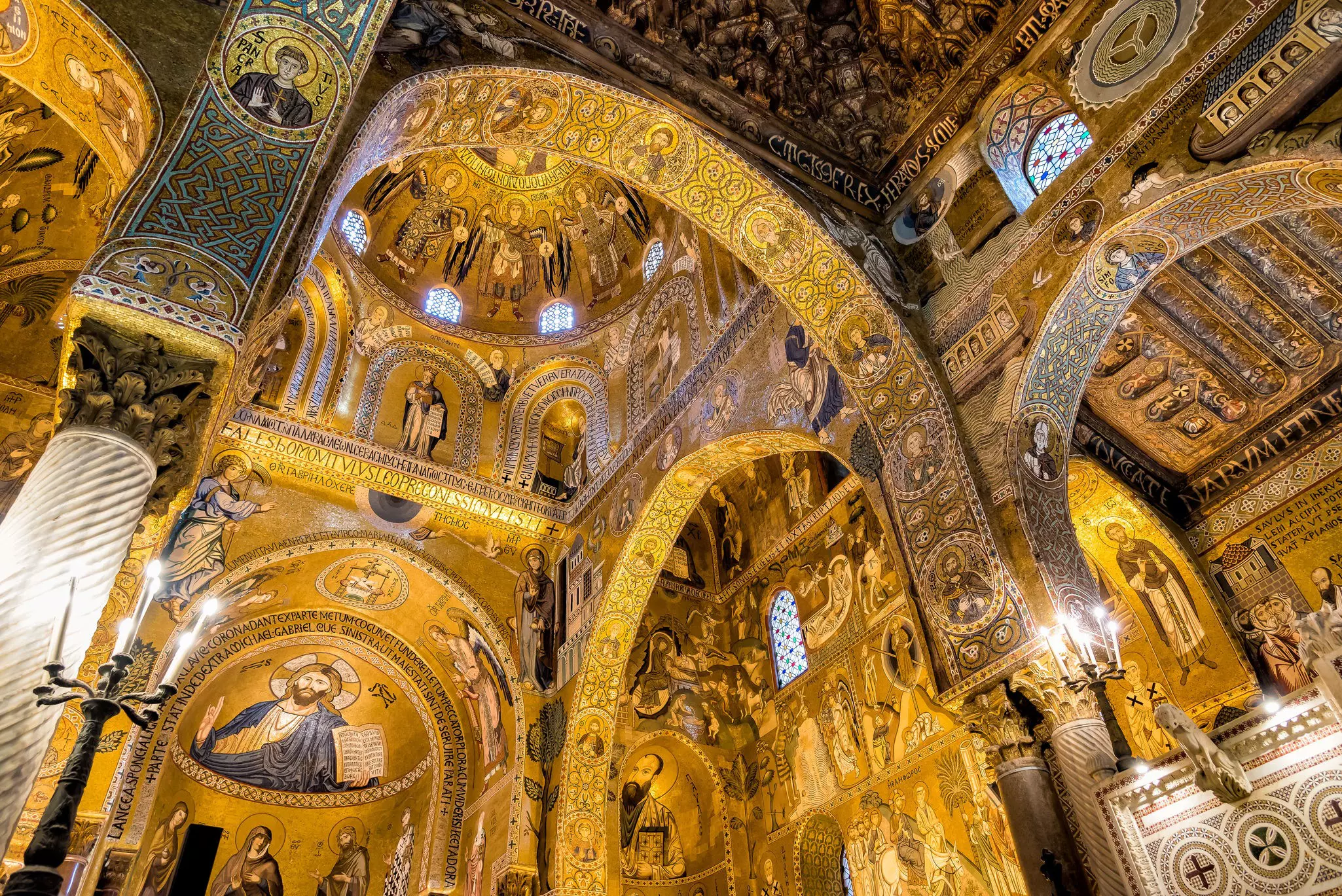 Golden mosaics inside the Cappella Palatina at the Palazzo dei Normanni in Palermo, Sicily.
