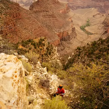 Person in an orange shirt on a rope among rocks and yellow shrubs, overlooking the red layered cliffs of the Grand Canyon.
