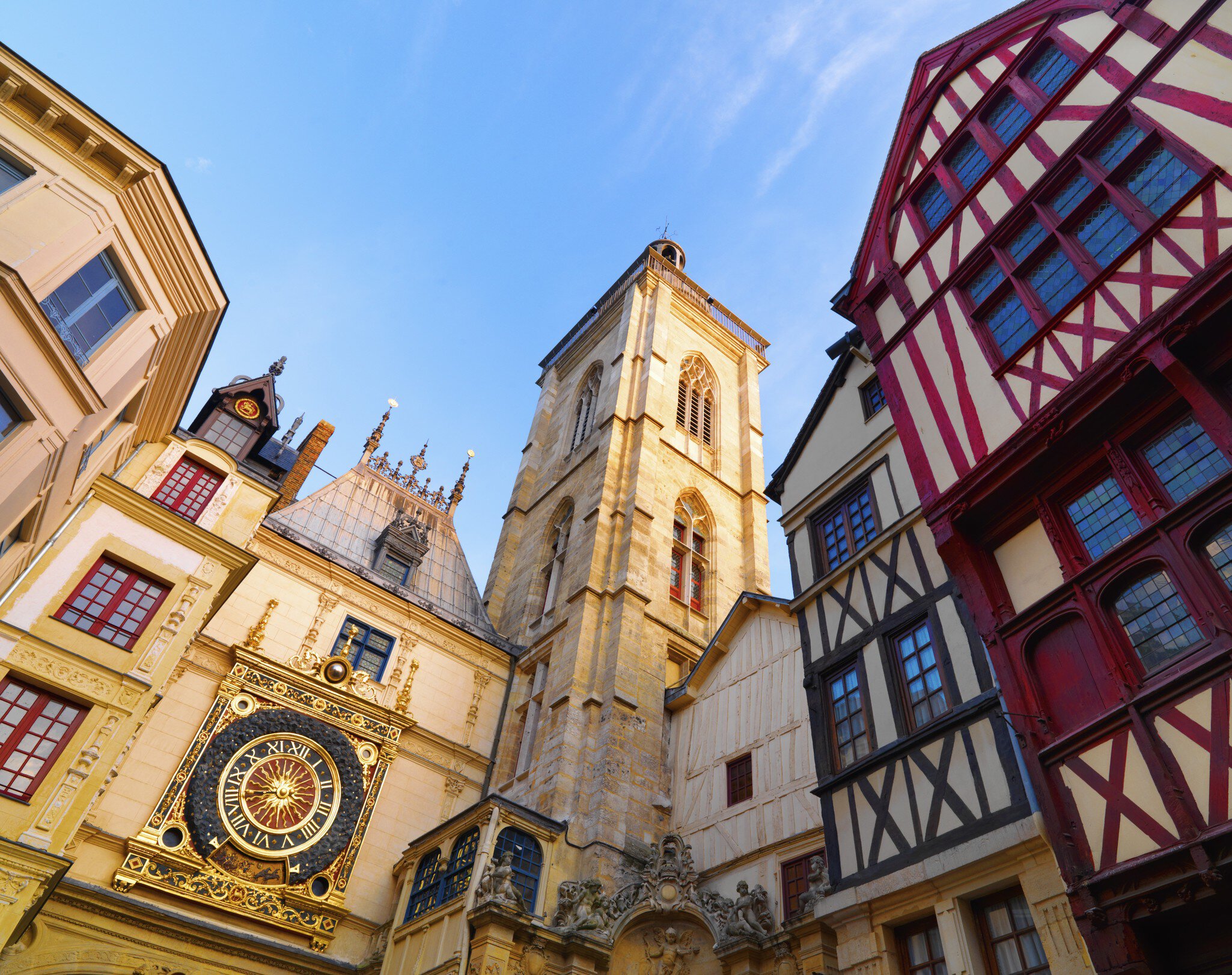 France, Normandy, Seine-Maritime, Rouen, Low angle view of Le Gros Horloge