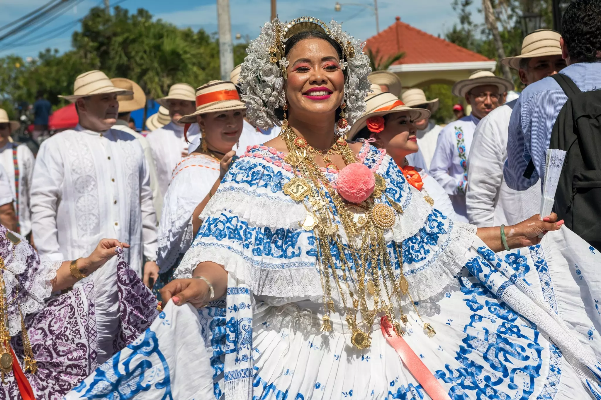 People parading and performing at 1000 Polleras Parade, known as the 'Desfile De Las Mill Polleras' in Las Tablas, Panama.