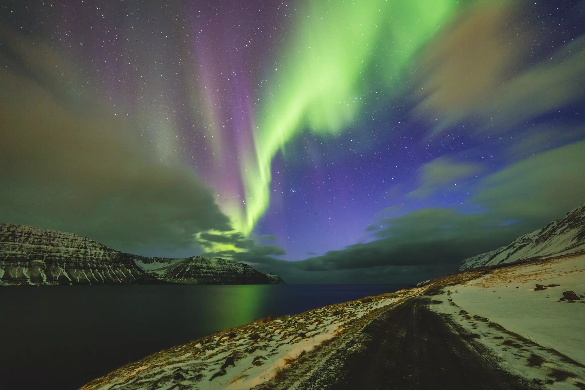 Snowy road and Northern Lights - Iceland's Westfjords,