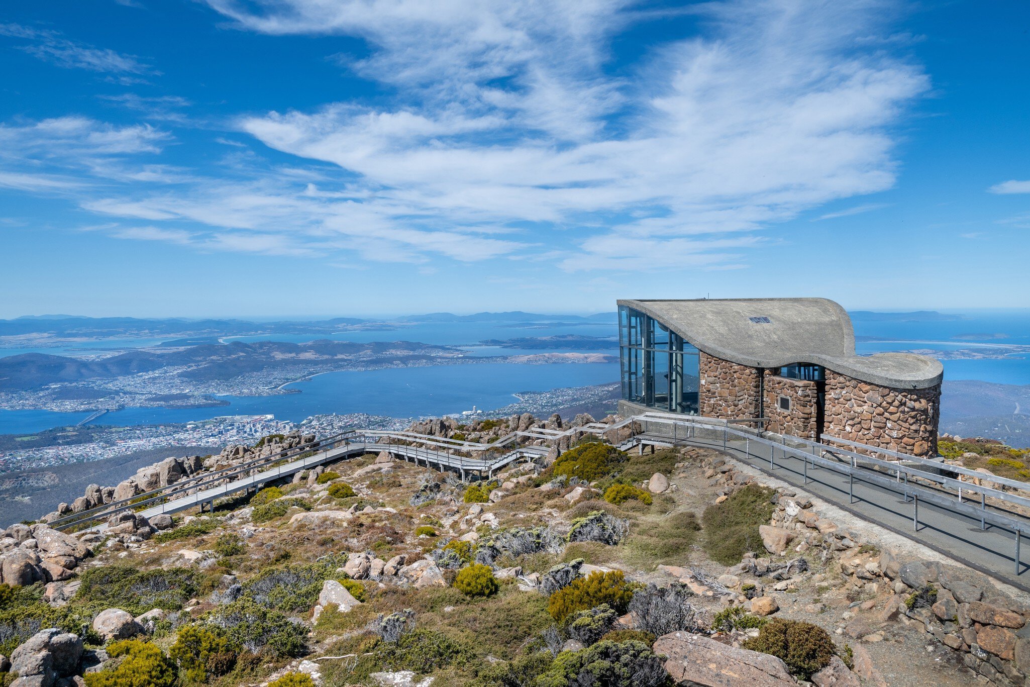 The Pinnacle Observation Shelter overlooking the city of Hobart, on Mt Wellington in Tasmania, Australia.